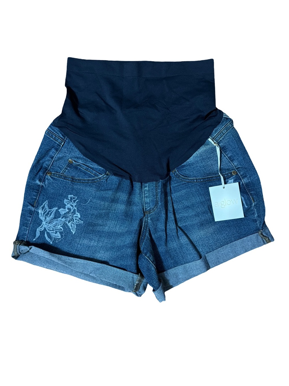a:glow Navy Denim Maternity High-Waist Shorts with Floral Embroidery Size 12